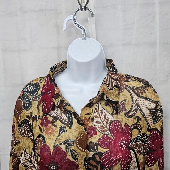 Brown Blouse Red Floral Boho Sheer Button-Down Retro Hippie 16 - Picture 2 of 13